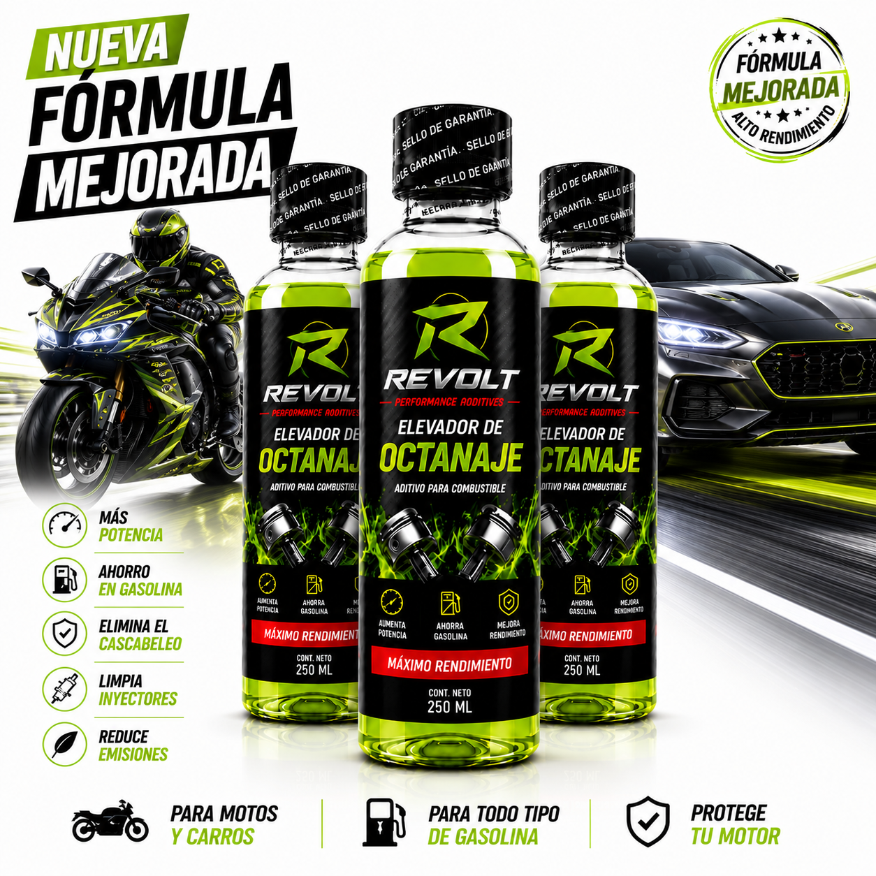 ⛽ Revolt™ | Aditivo Elevador De Octanaje | X4 UNIDADES de 250ML